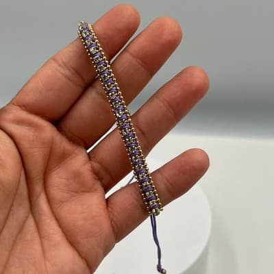 Vintage Purple Cord Gold Tone Beaded Bracelet Classic Rhinestone Style Fashion - Thumbnail 4