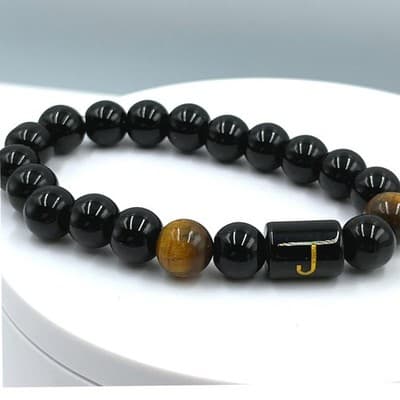 Vintage Black Beaded Stretch Bracelet Tiger Eye Accent Initial J Charm Unisex - Image 1