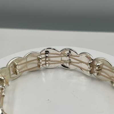 Vintage Silver Tone Disc Link Stretch Bracelet Minimalist Modern Retro Jewelry - Thumbnail 3