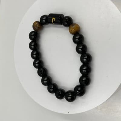 Vintage Black Beaded Stretch Bracelet Tiger Eye Accent Initial J Charm Unisex - Thumbnail 2