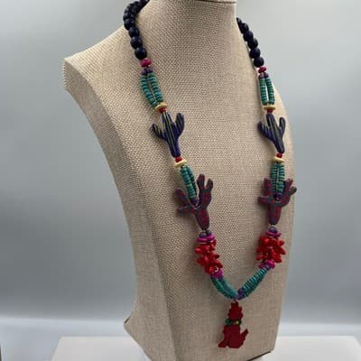 Vintage Southwestern Beaded Necklace & Earrings Set Cactus Dog Motif Colorful - Thumbnail 6