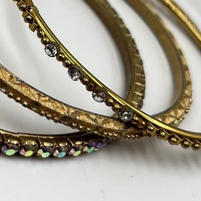 Vintage Gold Tone Rhinestone Bangle Bracelet Set Textured Stackable Bracelets - Thumbnail 3