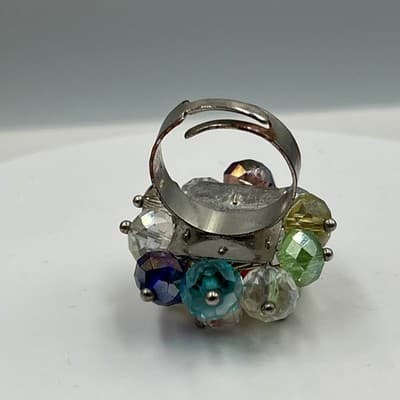 Vintage Multicolor Faceted Crystal Cluster Ring Silver Tone Statement Cocktail - Thumbnail 4