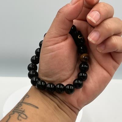 Vintage Black Beaded Stretch Bracelet Tiger Eye Accent Initial J Charm Unisex - Thumbnail 6