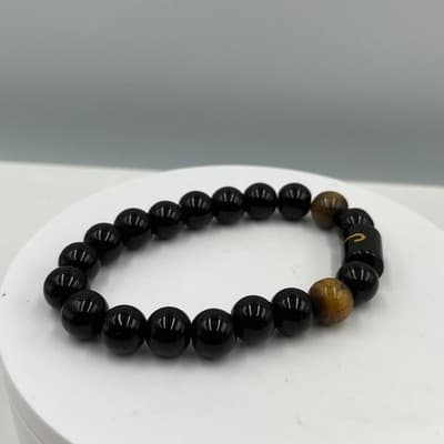 Vintage Black Beaded Stretch Bracelet Tiger Eye Accent Initial J Charm Unisex - Thumbnail 3