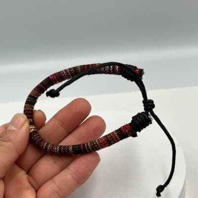 Vintage Boho Woven Fabric Cord Bracelet Red Black Multicolor Textile Rope Bangle - Thumbnail 3