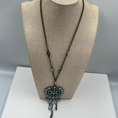 Vintage Faceted Resin Bezel Beads Pendant Necklace Large Ornate Medallion Fringe - Thumbnail 6