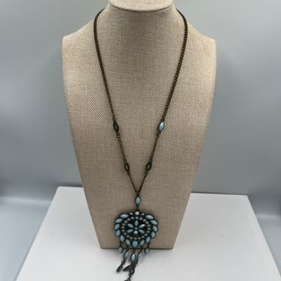 Vintage Faceted Resin Bezel Beads Pendant Necklace Large Ornate Medallion Fringe - Thumbnail 2