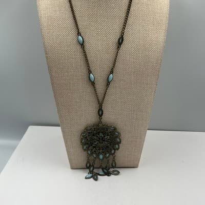 Vintage Faceted Resin Bezel Beads Pendant Necklace Large Ornate Medallion Fringe - Thumbnail 7