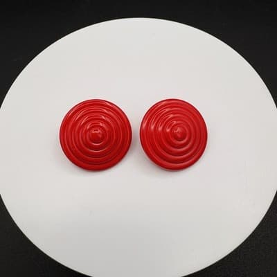 Vintage Red Enamel Swirl Round Clip On Earrings Fashion Jewelry Chunky - Thumbnail 3