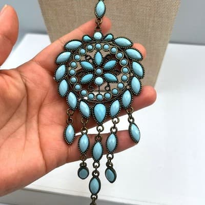 Vintage Faceted Resin Bezel Beads Pendant Necklace Large Ornate Medallion Fringe - Image 1