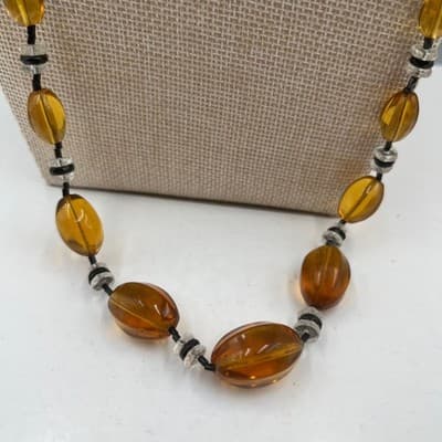 Vintage Amber Tone Faceted Oval Bead Necklace Long Strand Glass Crystal Spacer - Thumbnail 3