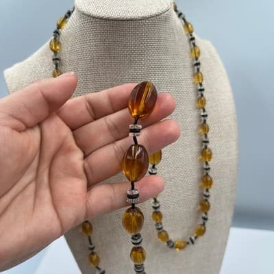 Vintage Amber Tone Faceted Oval Bead Necklace Long Strand Glass Crystal Spacer - Thumbnail 5