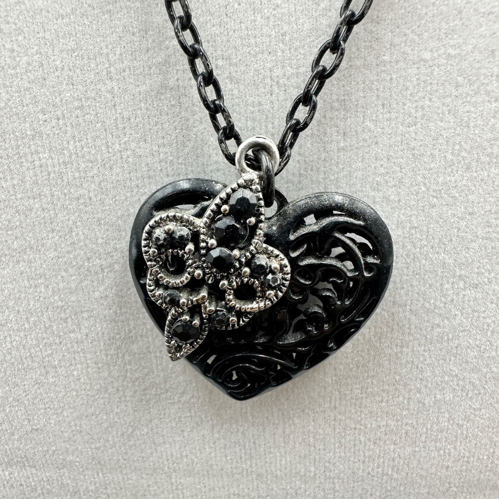 Jonas Black Heart Pendant Necklace Gothic Filigree Dark Romance Statement 22in - Image 1
