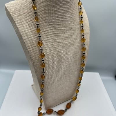 Vintage Amber Tone Faceted Oval Bead Necklace Long Strand Glass Crystal Spacer - Thumbnail 4