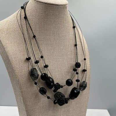 Vintage Black Multi Strand Beads Necklace Faceted Acrylic Statement Layered Boho - Thumbnail 4