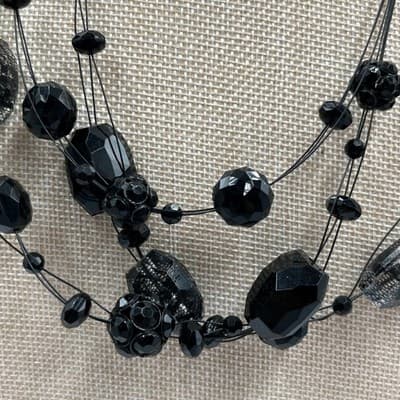 Vintage Black Multi Strand Beads Necklace Faceted Acrylic Statement Layered Boho - Thumbnail 3