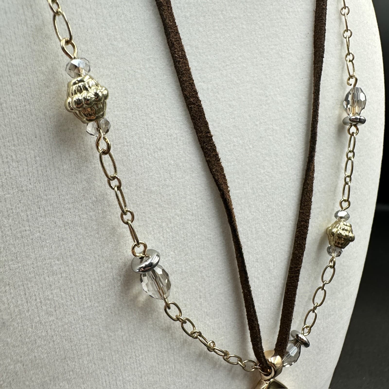 Chico's Boho Teardrop Pendant Necklace w/ Layered Chain & Brown Suede Cord - Thumbnail 4