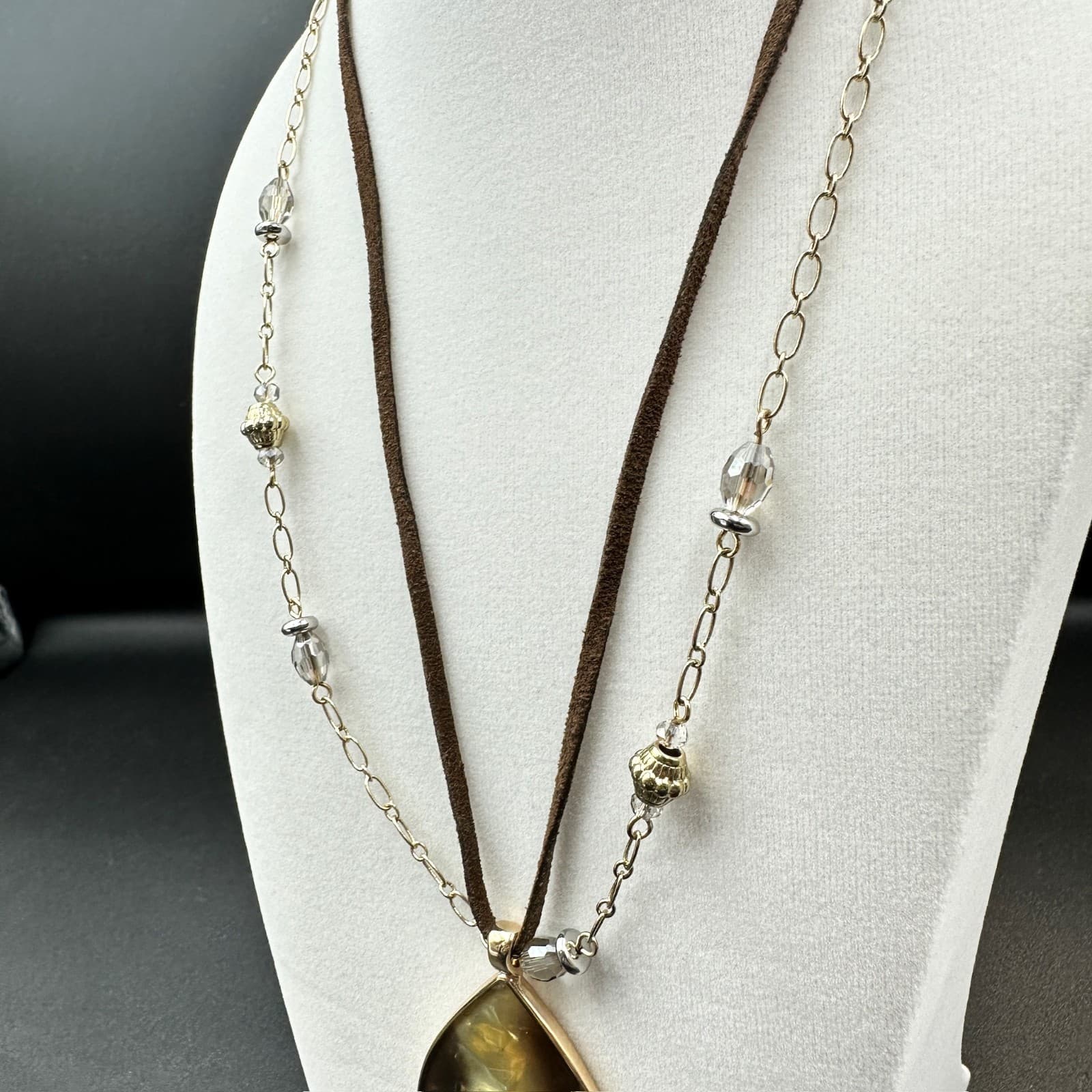 Chico's Boho Teardrop Pendant Necklace w/ Layered Chain & Brown Suede Cord - Thumbnail 3