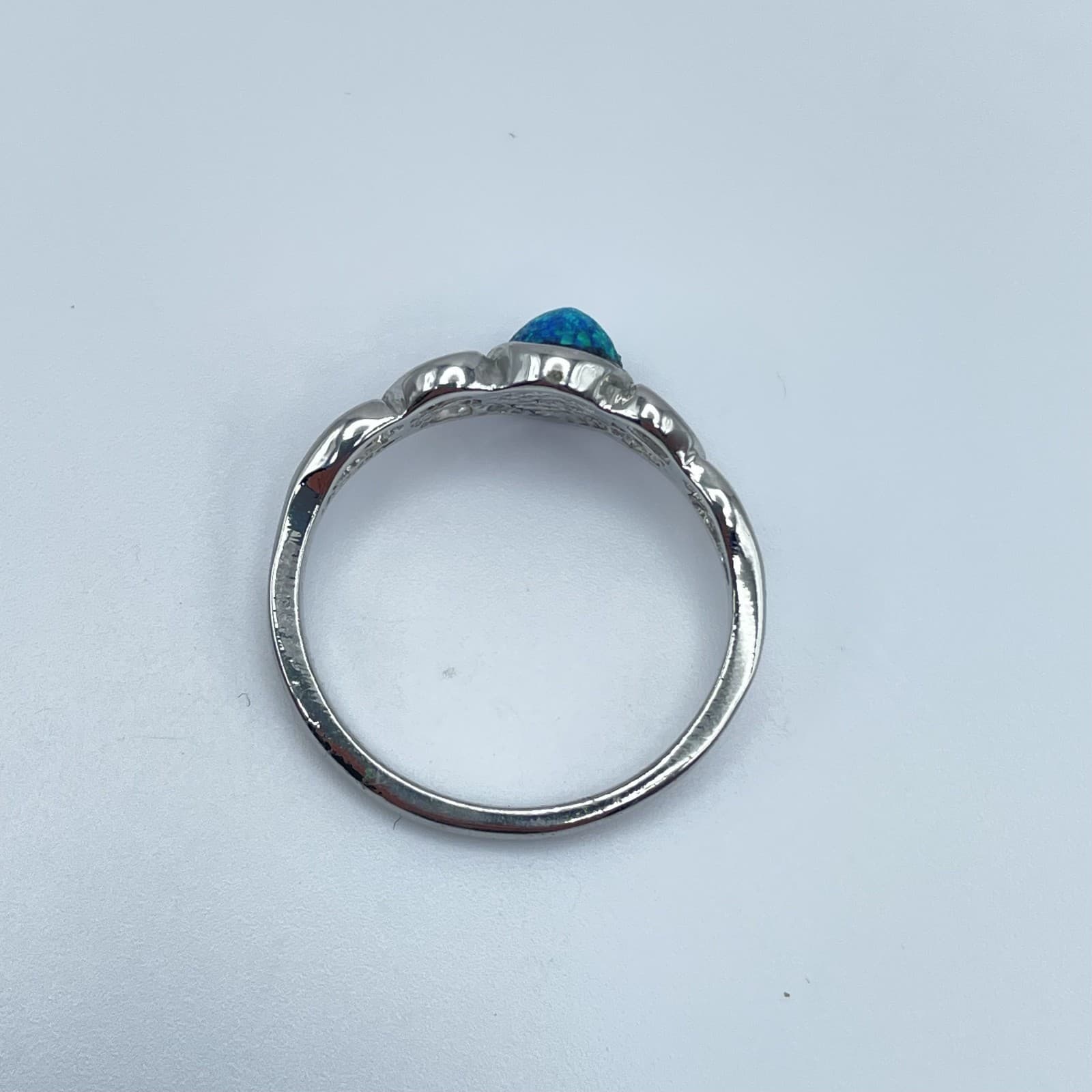 Vintage 90s Silver Tone Blue Opal Ring Created Filigree Anniversary Gift Size 9 - Thumbnail 8