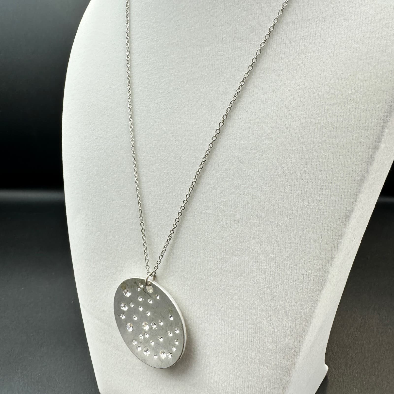 Cookie Lee Silver Disc Pendant Necklace Rhinestone Galaxy Design Minimal Sparkle - Thumbnail 5