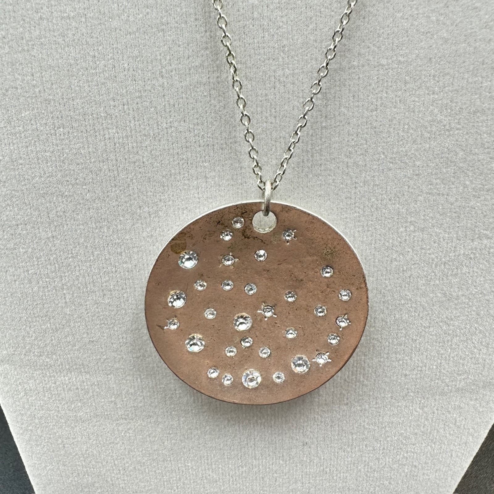 Cookie Lee Silver Disc Pendant Necklace Rhinestone Galaxy Design Minimal Sparkle - Image 1