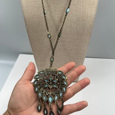 Vintage Faceted Resin Bezel Beads Pendant Necklace Large Ornate Medallion Fringe - Thumbnail 5