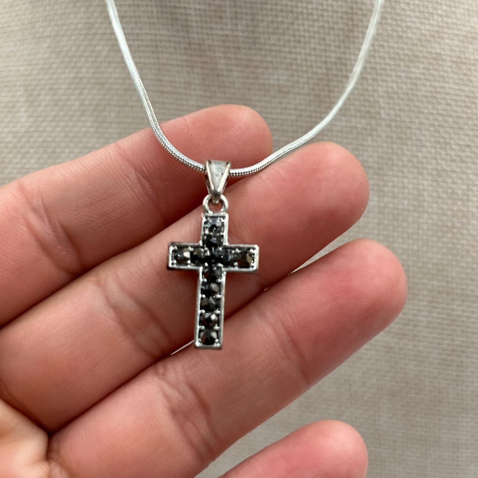 Vintage Silver Tone Marcasite Cross Pendant Necklace Italy Snake Chain - Thumbnail 5