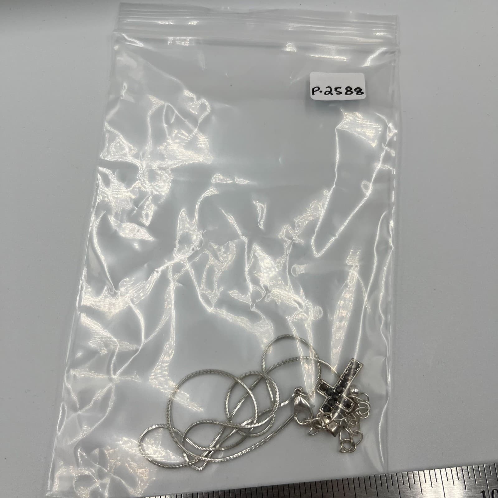 Vintage Silver Tone Marcasite Cross Pendant Necklace Italy Snake Chain - Thumbnail 9