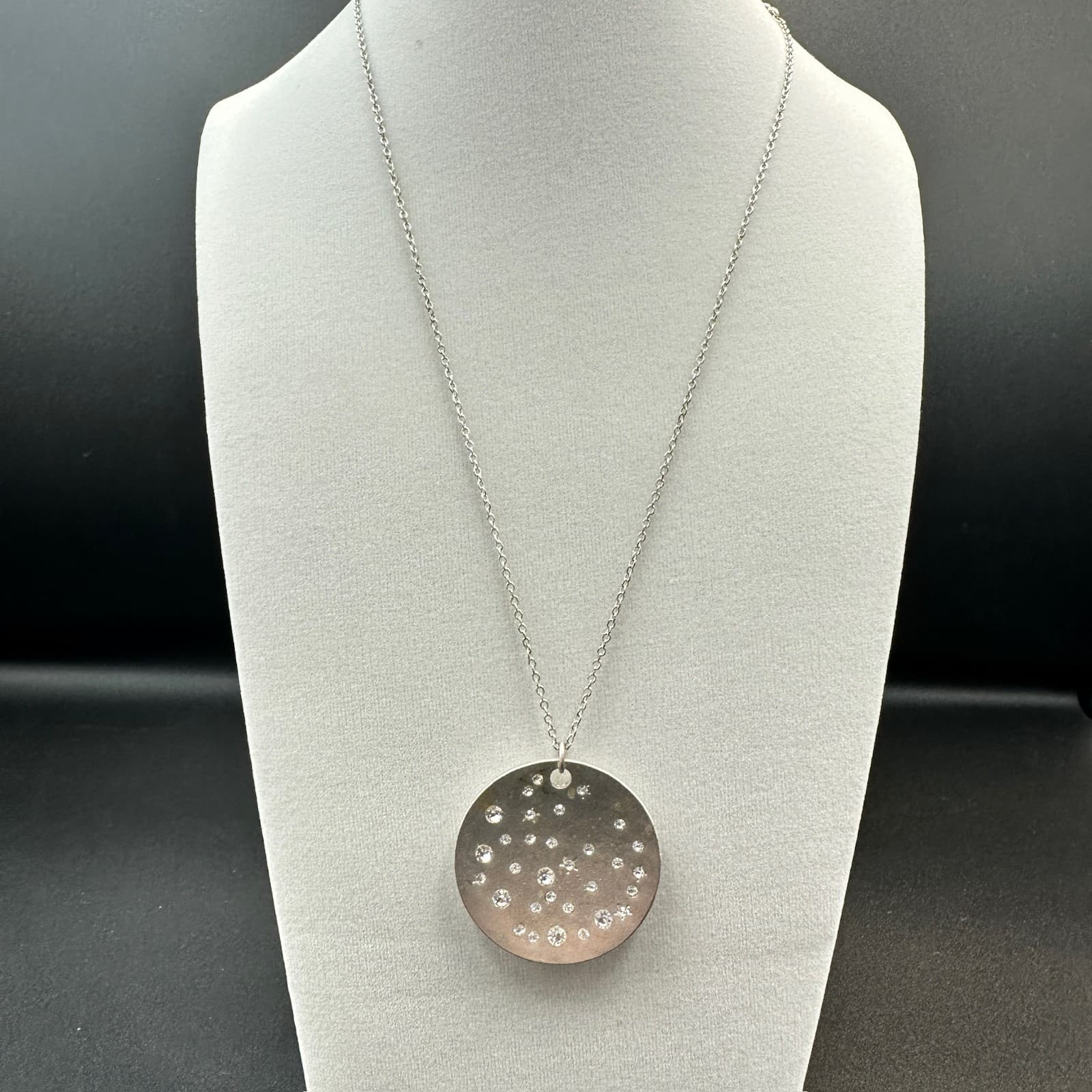 Cookie Lee Silver Disc Pendant Necklace Rhinestone Galaxy Design Minimal Sparkle - Thumbnail 2