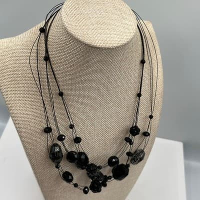 Vintage Black Multi Strand Beads Necklace Faceted Acrylic Statement Layered Boho - Thumbnail 5