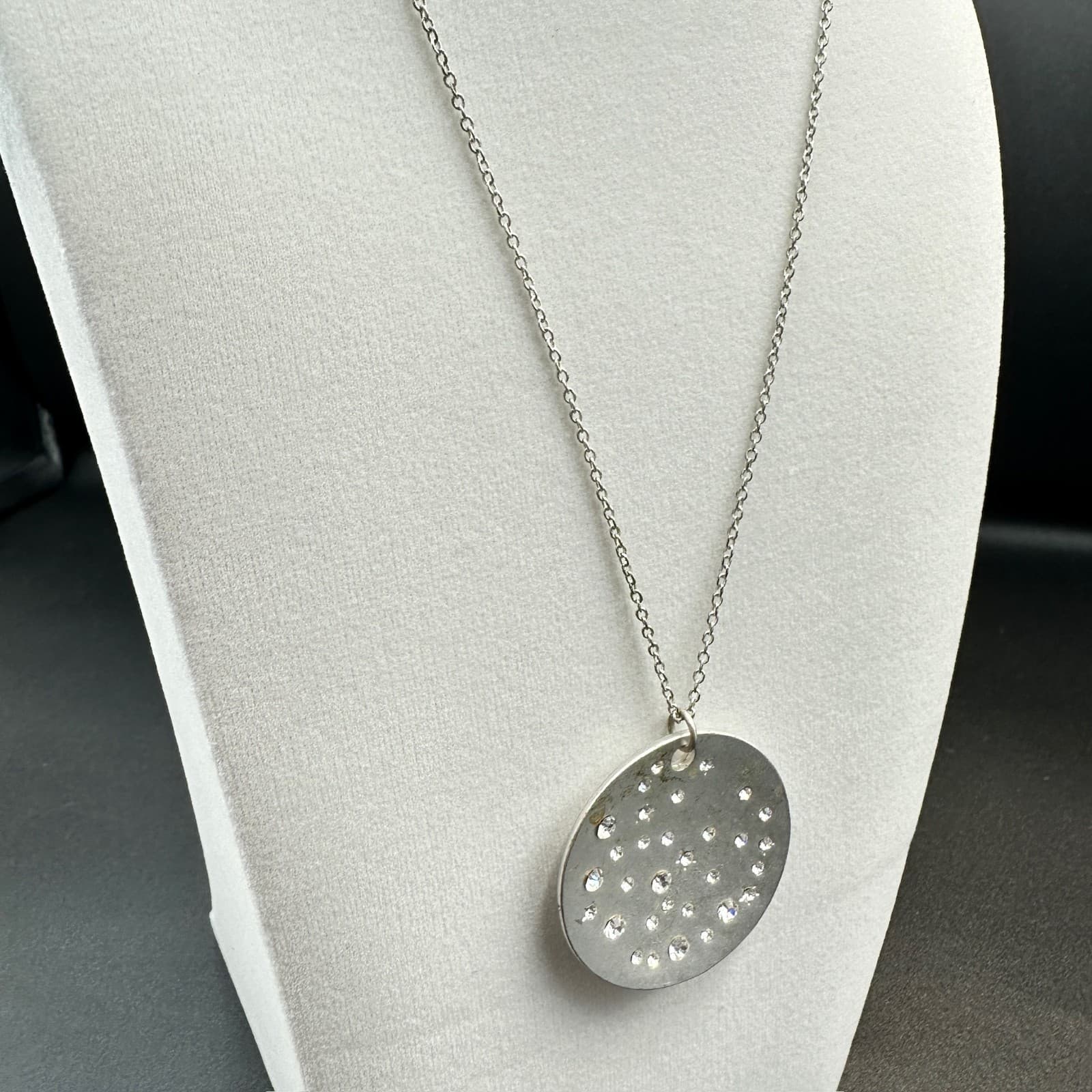 Cookie Lee Silver Disc Pendant Necklace Rhinestone Galaxy Design Minimal Sparkle - Thumbnail 4