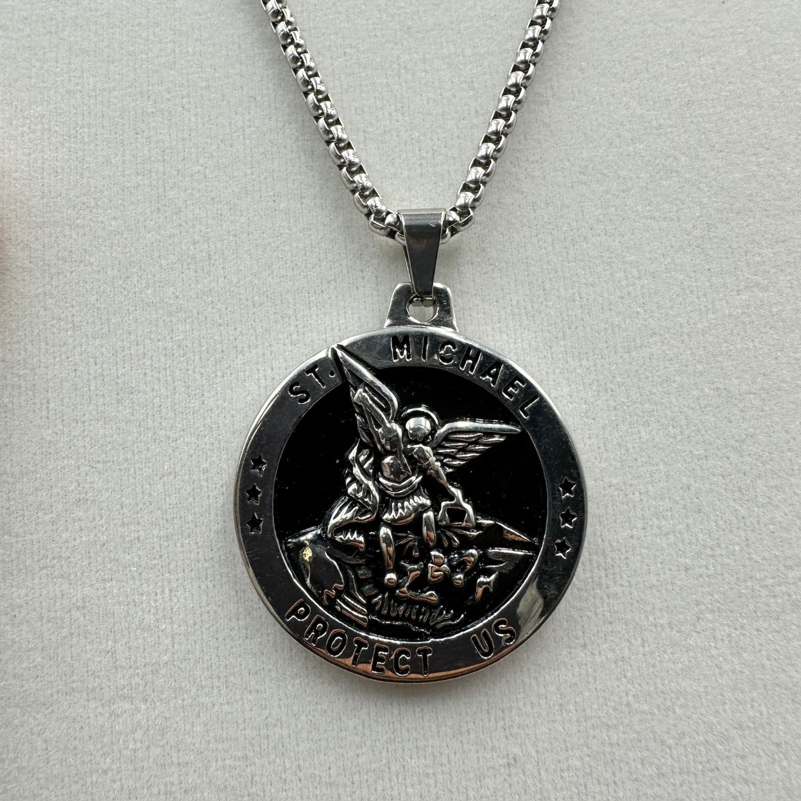 St. Michael Pendant Necklace Silver Black Medallion Religious Protection Icon - Image 1