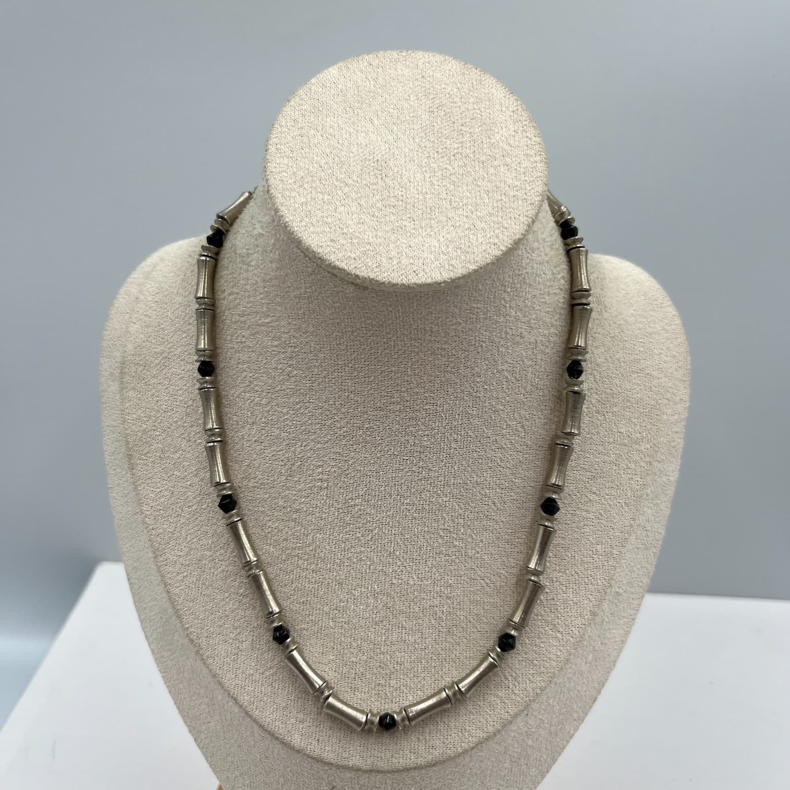 Vintage 90s Silver Tone Tube Bead Lobster Necklace Black Faceted Glass Choker - Image 1