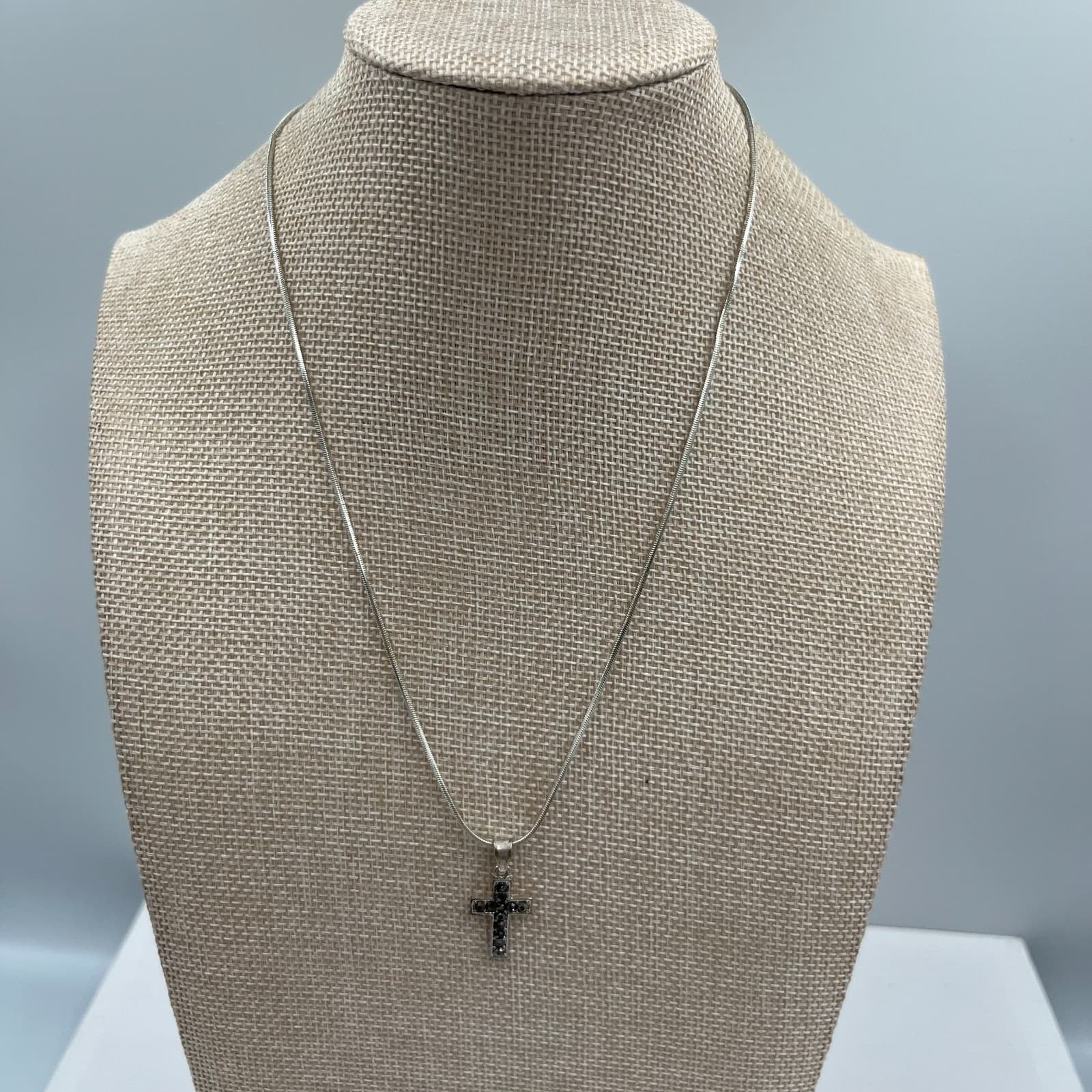 Vintage Silver Tone Marcasite Cross Pendant Necklace Italy Snake Chain - Image 1