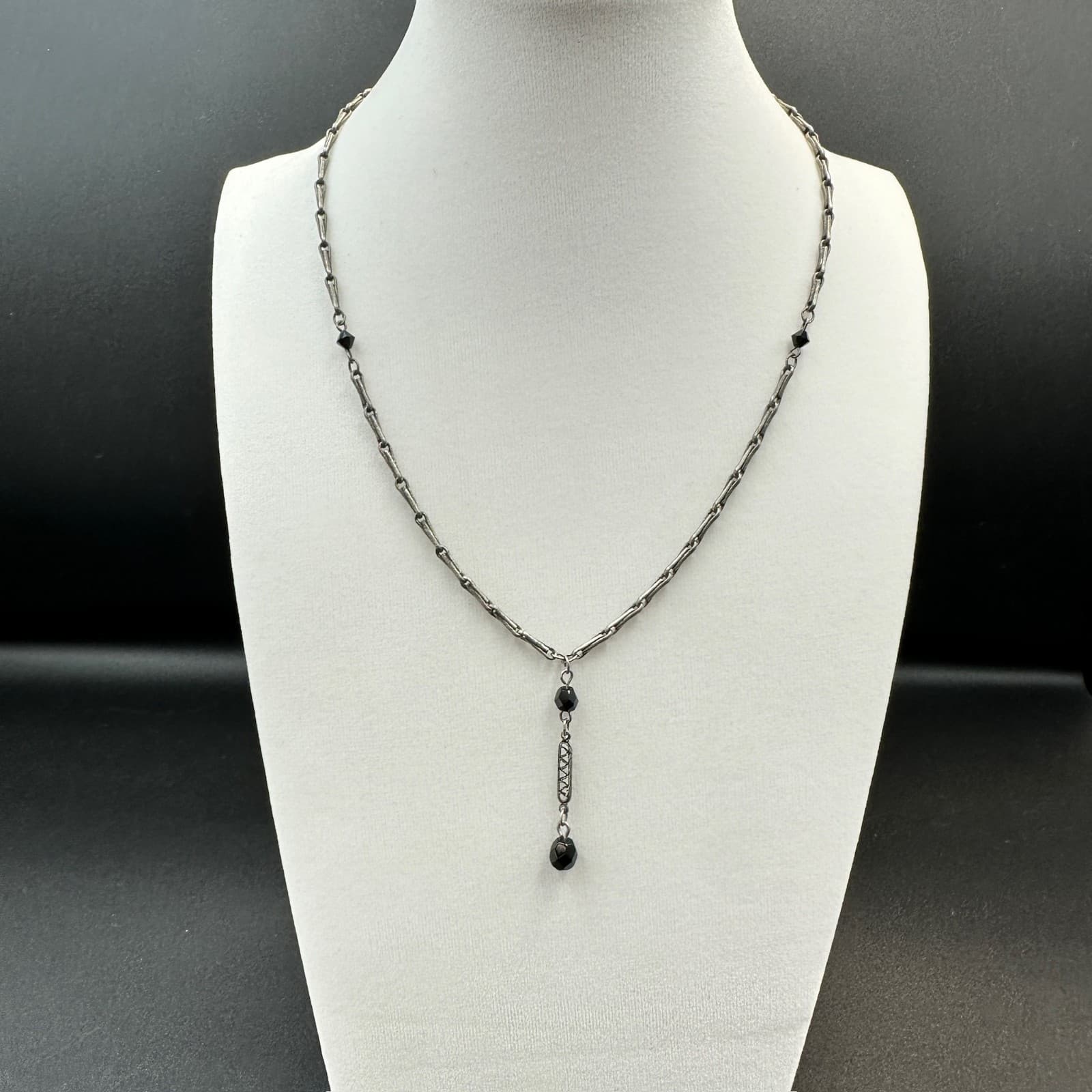 Dainty Silver Chain Necklace w/ Black Bead Drops Australian Crystal Minimalist - Image 1