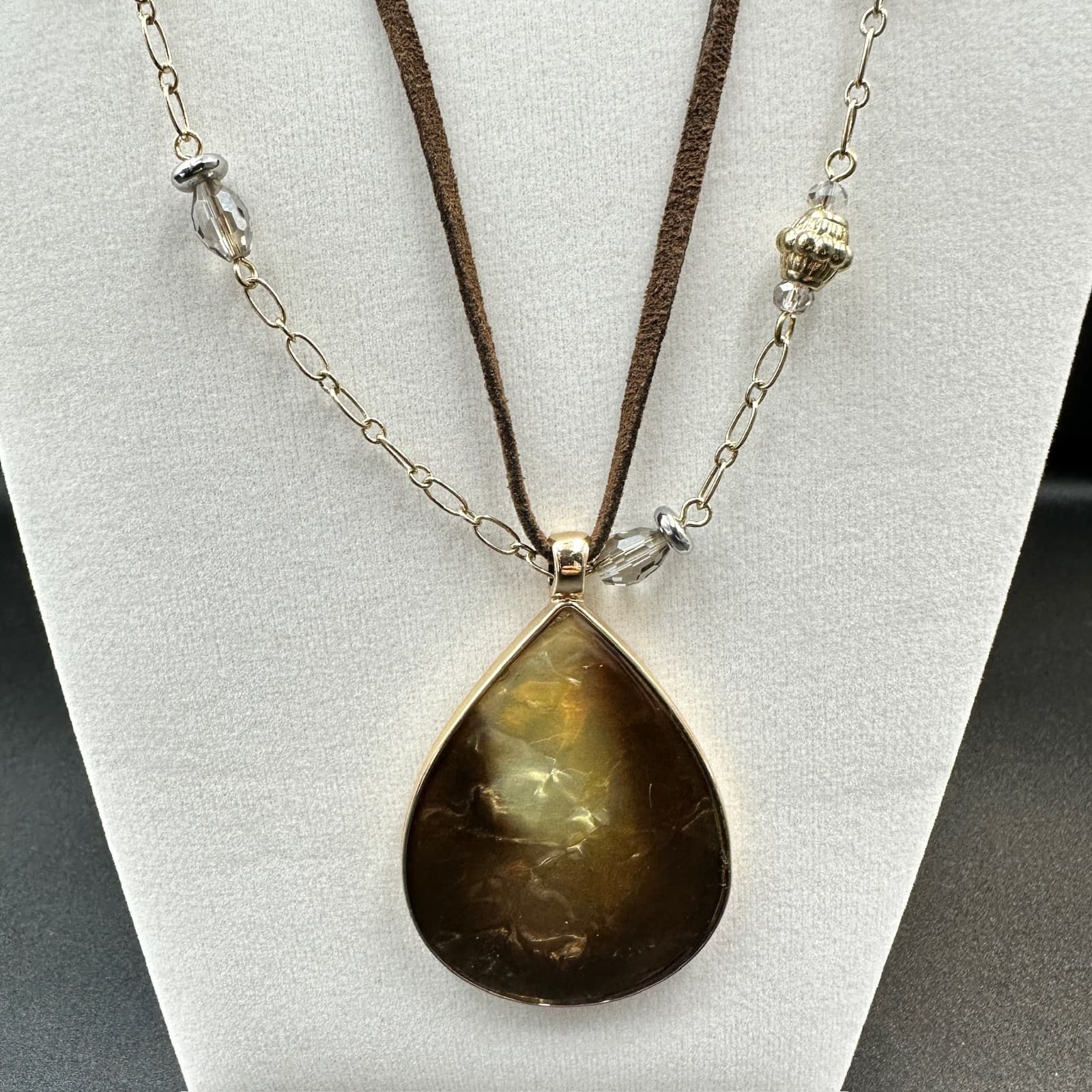 Chico's Boho Teardrop Pendant Necklace w/ Layered Chain & Brown Suede Cord - Image 1