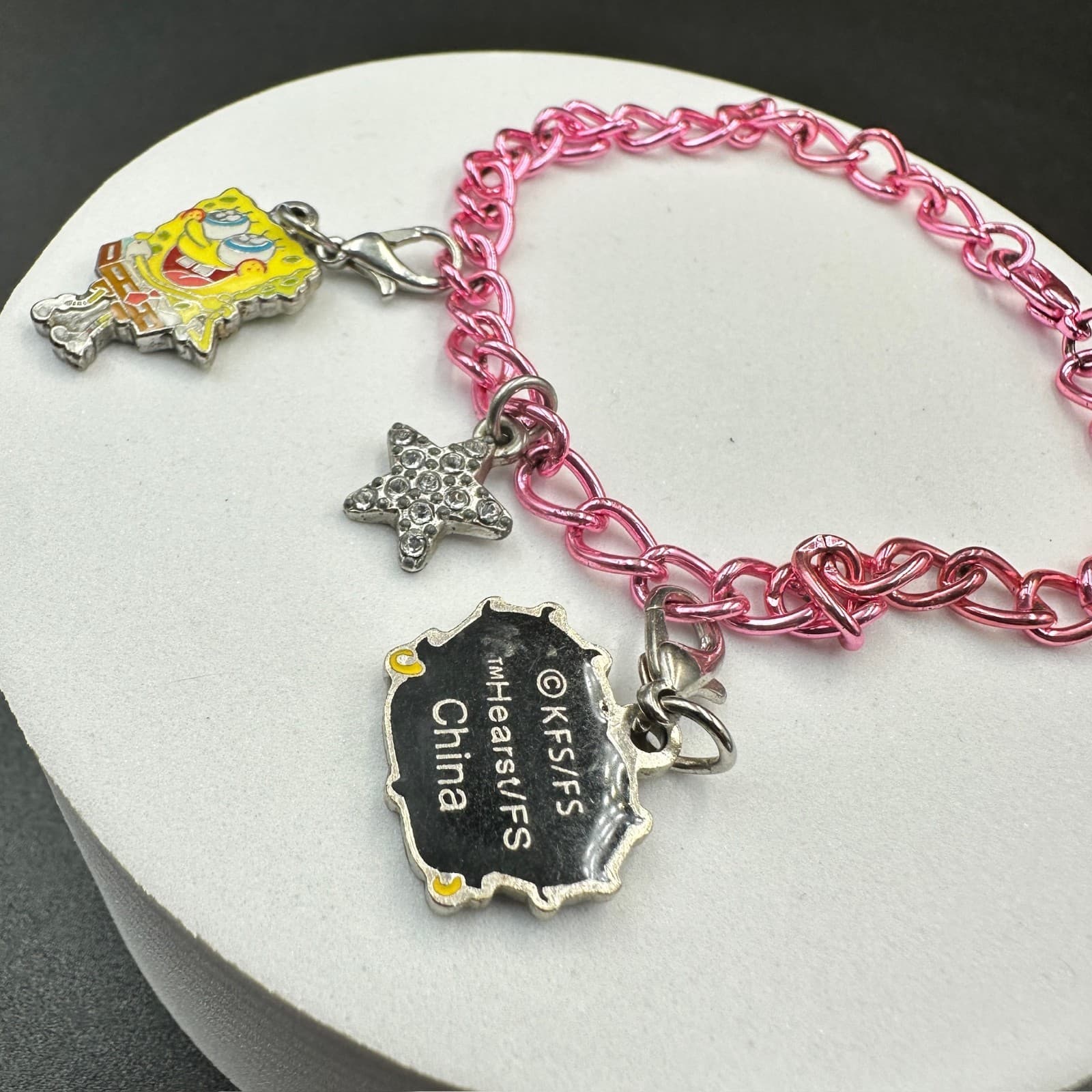 Pink Chain Charm Bracelet w/ SpongeBob & Rhinestone Star – Cute Cartoon Y2K Jewe - Thumbnail 2