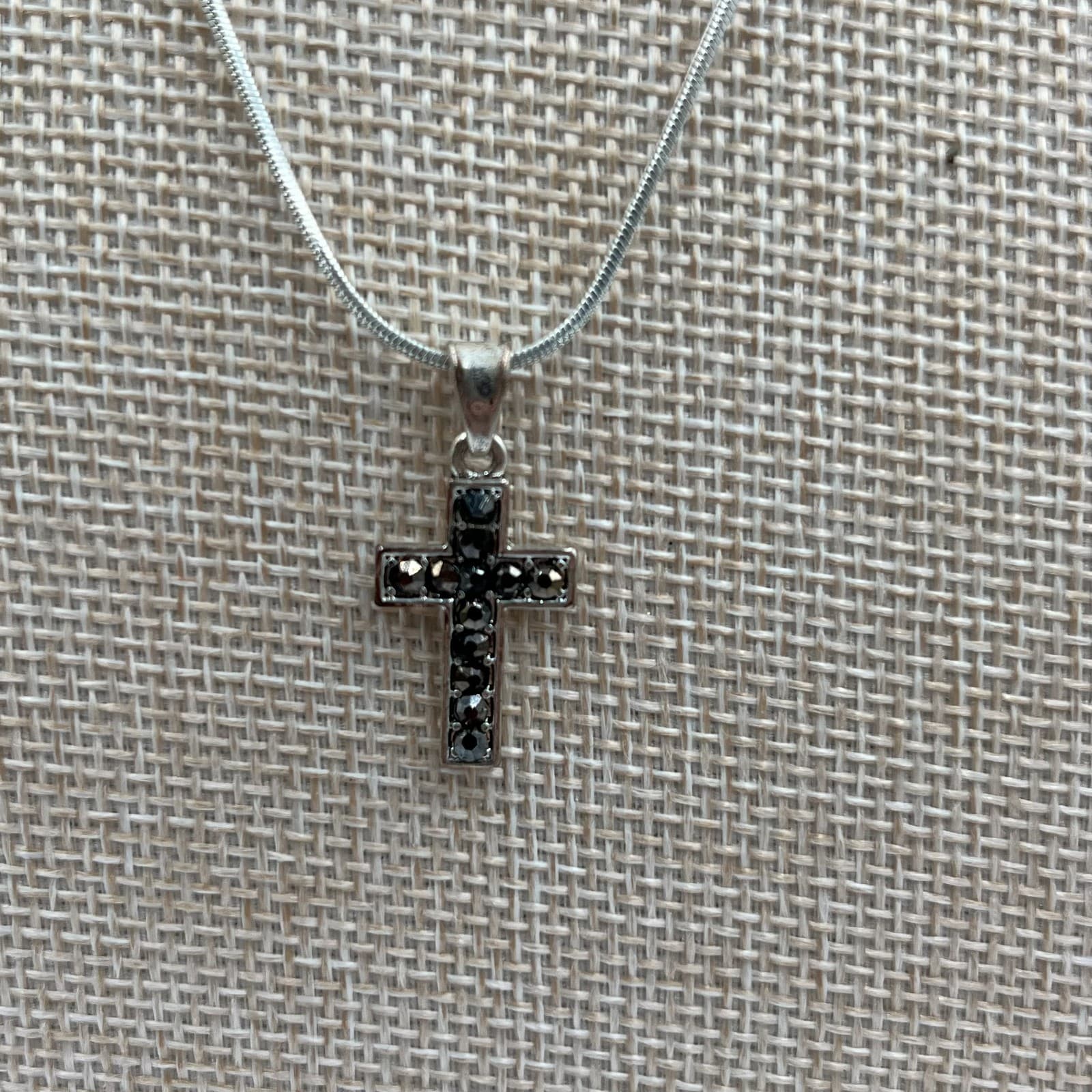 Vintage Silver Tone Marcasite Cross Pendant Necklace Italy Snake Chain - Thumbnail 3