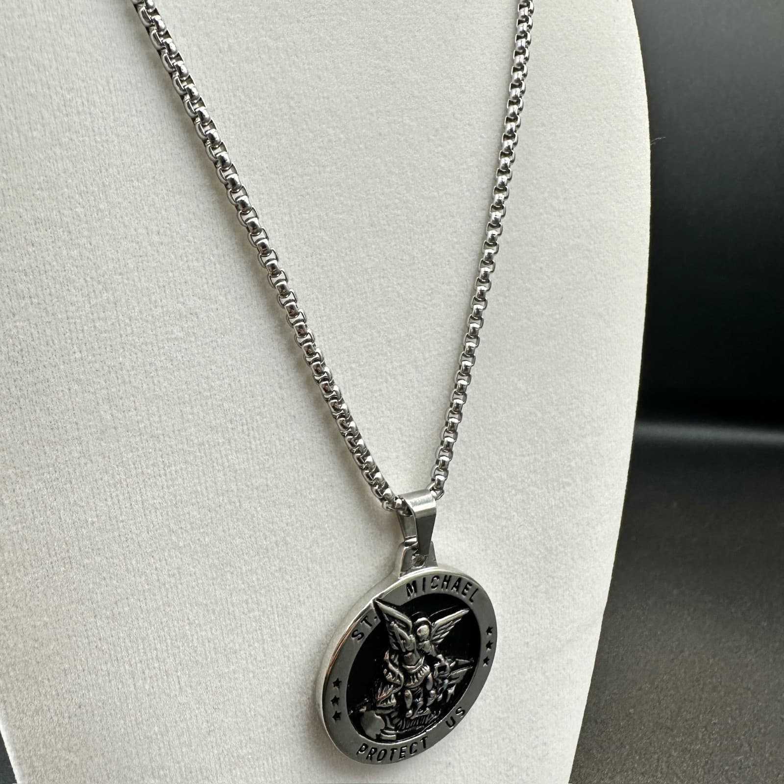 St. Michael Pendant Necklace Silver Black Medallion Religious Protection Icon - Thumbnail 8