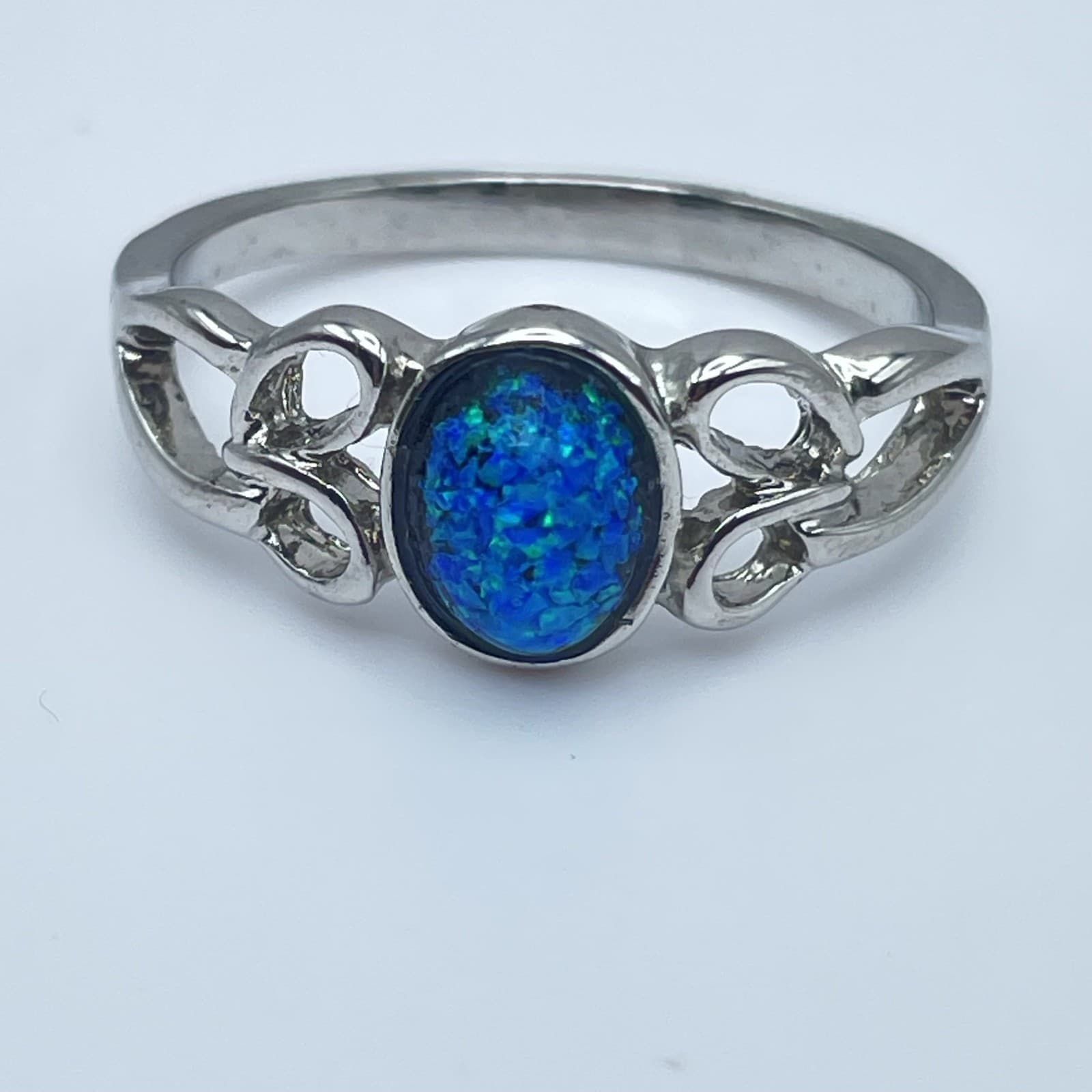 Vintage 90s Silver Tone Blue Opal Ring Created Filigree Anniversary Gift Size 9 - Image 1