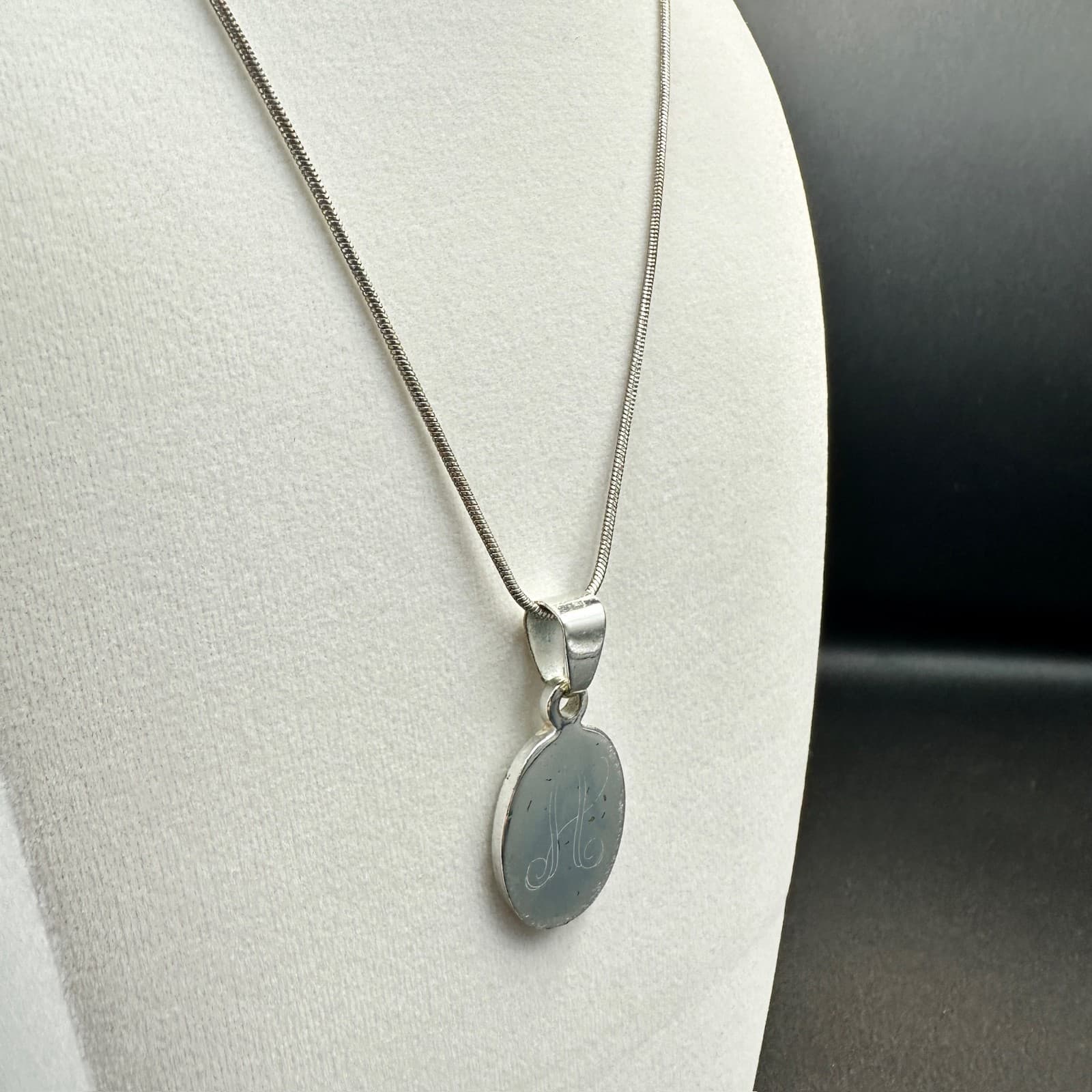 MSC Silver Oval Pendant Necklace Etched Initial “A” Minimal Classic Style - Thumbnail 11