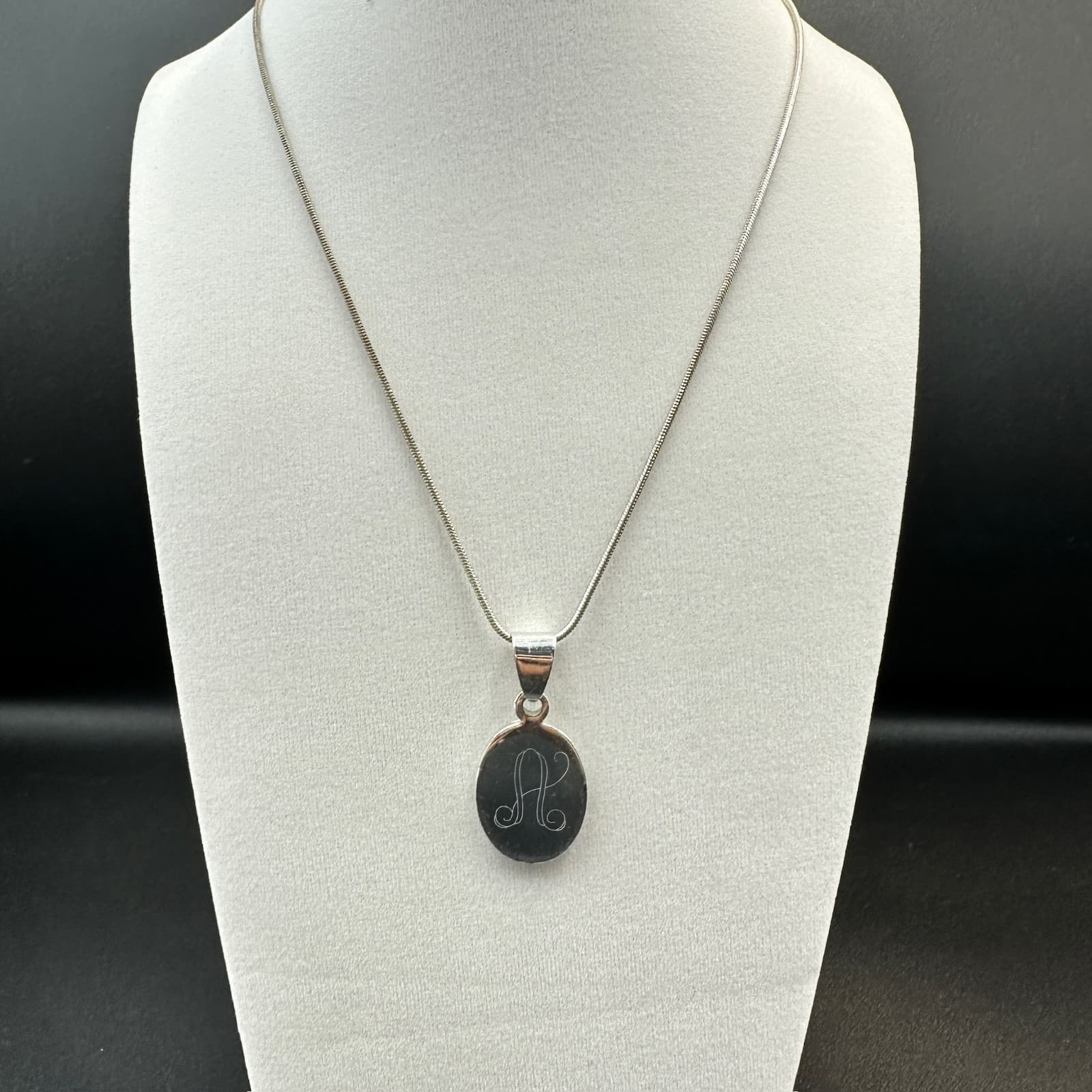MSC Silver Oval Pendant Necklace Etched Initial “A” Minimal Classic Style - Thumbnail 2