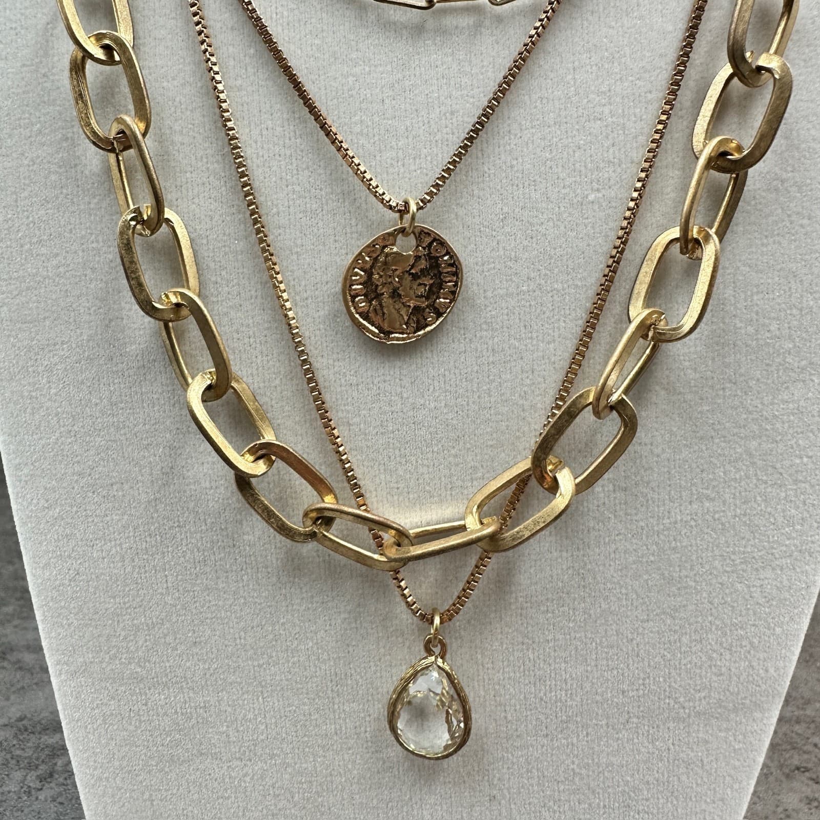 Layered Gold Chain Necklace w/ Coin Charm & Teardrop Pendant – Luxury Chic Style - Thumbnail 3