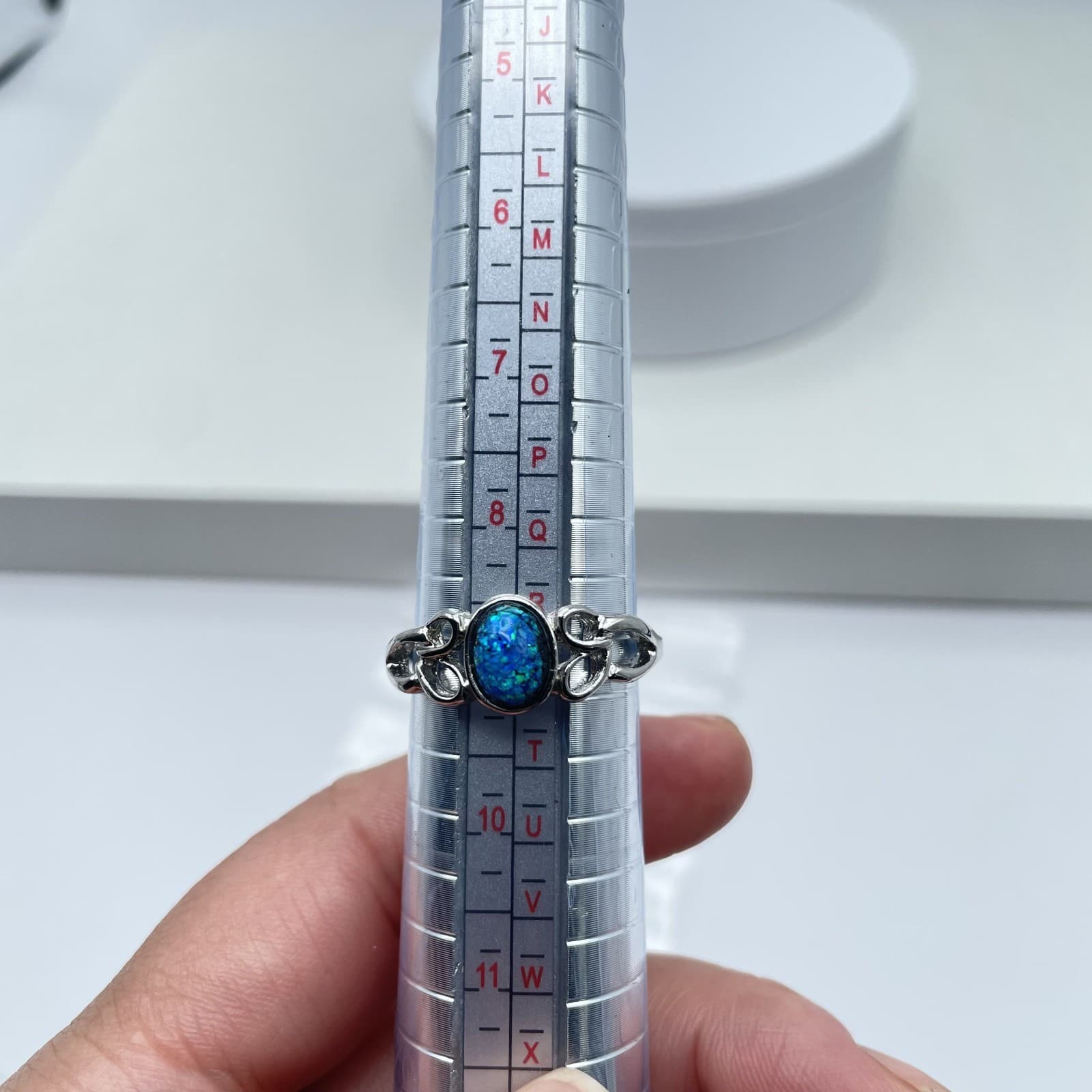 Vintage 90s Silver Tone Blue Opal Ring Created Filigree Anniversary Gift Size 9 - Thumbnail 2