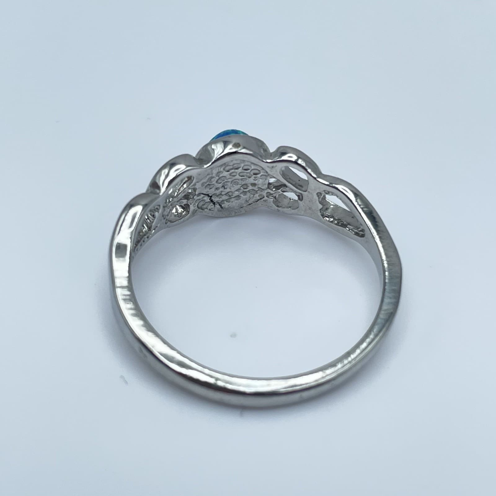 Vintage 90s Silver Tone Blue Opal Ring Created Filigree Anniversary Gift Size 9 - Thumbnail 6
