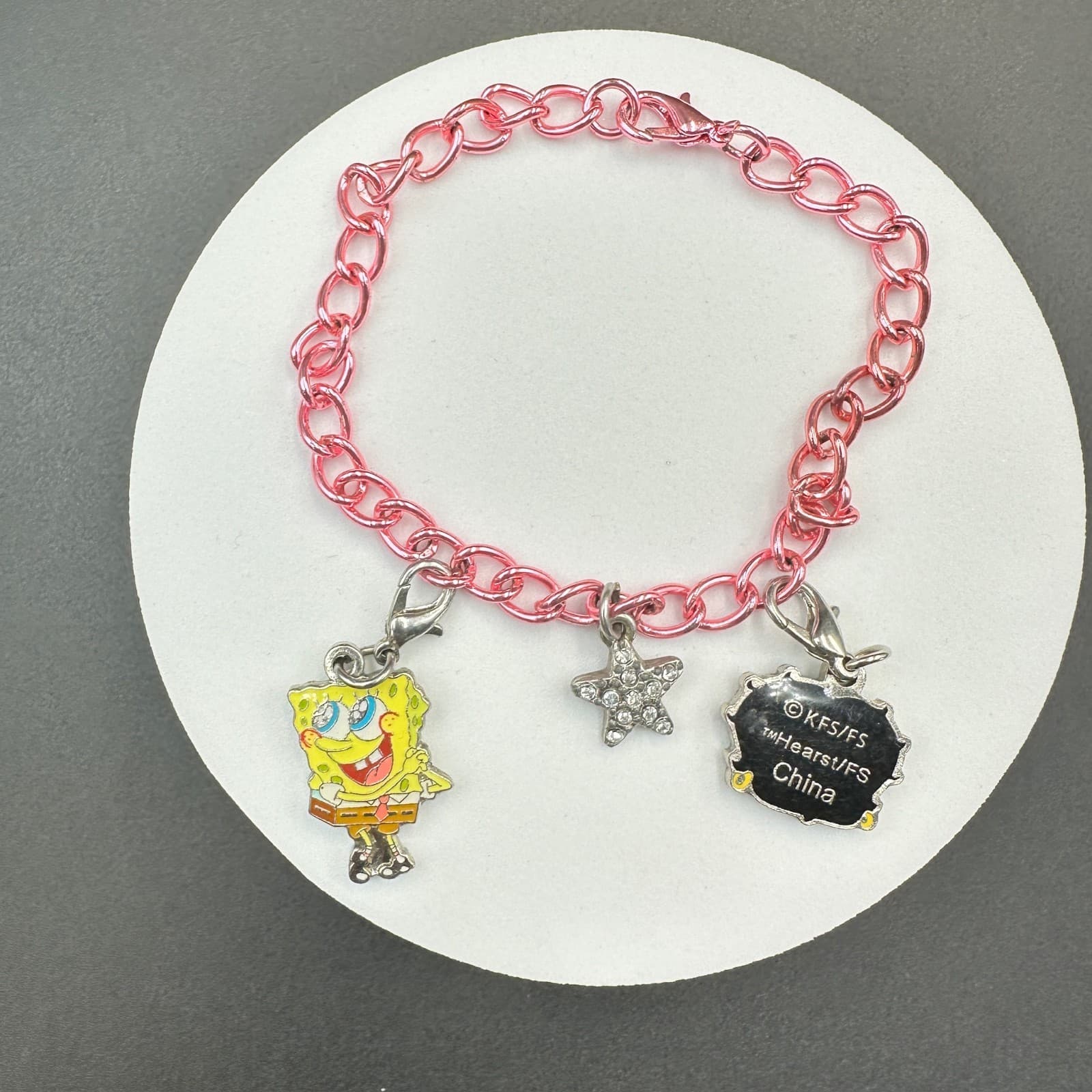 Pink Chain Charm Bracelet w/ SpongeBob & Rhinestone Star – Cute Cartoon Y2K Jewe - Image 1
