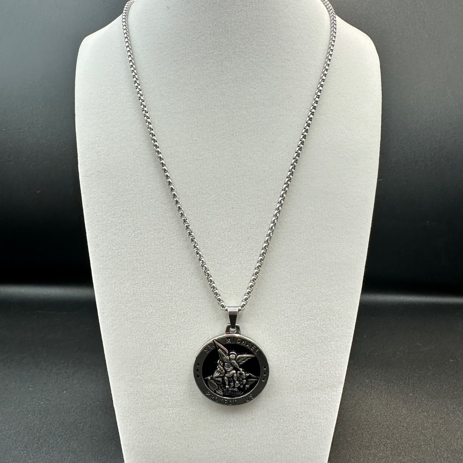 St. Michael Pendant Necklace Silver Black Medallion Religious Protection Icon - Thumbnail 2