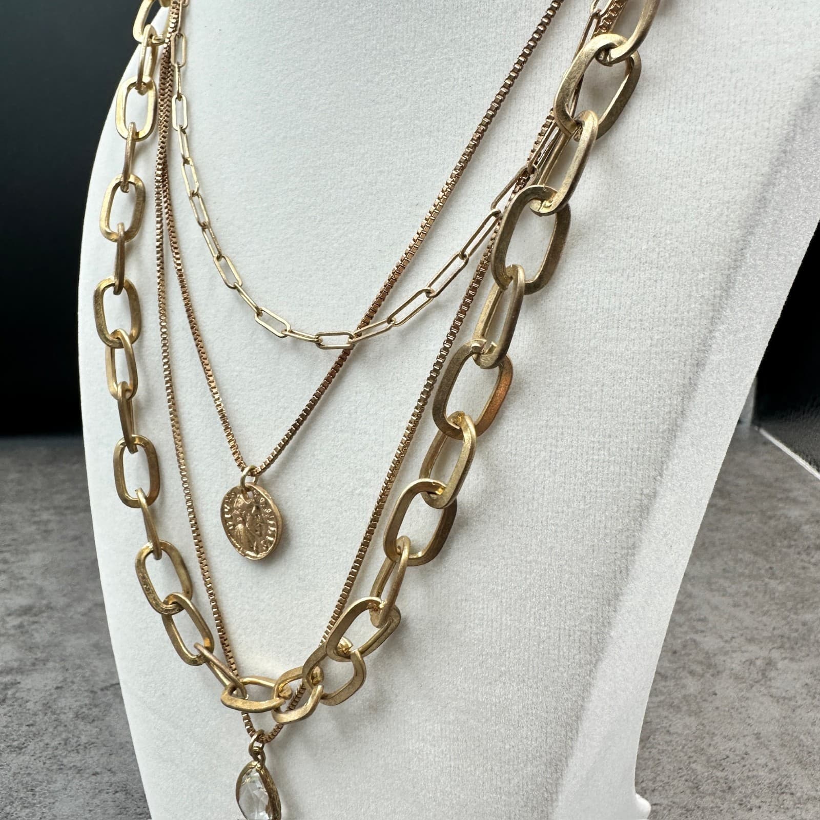 Layered Gold Chain Necklace w/ Coin Charm & Teardrop Pendant – Luxury Chic Style - Thumbnail 7