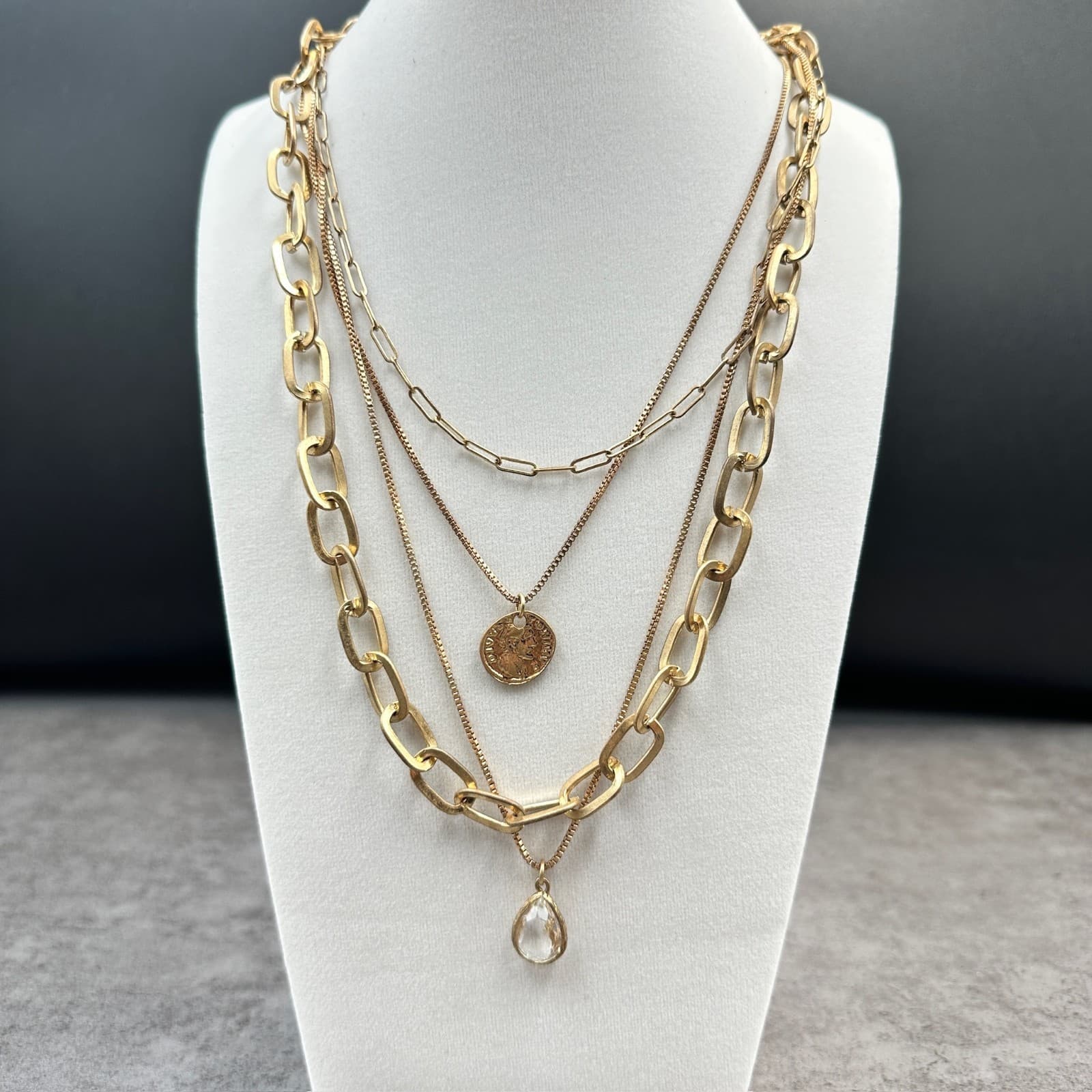 Layered Gold Chain Necklace w/ Coin Charm & Teardrop Pendant – Luxury Chic Style - Image 1